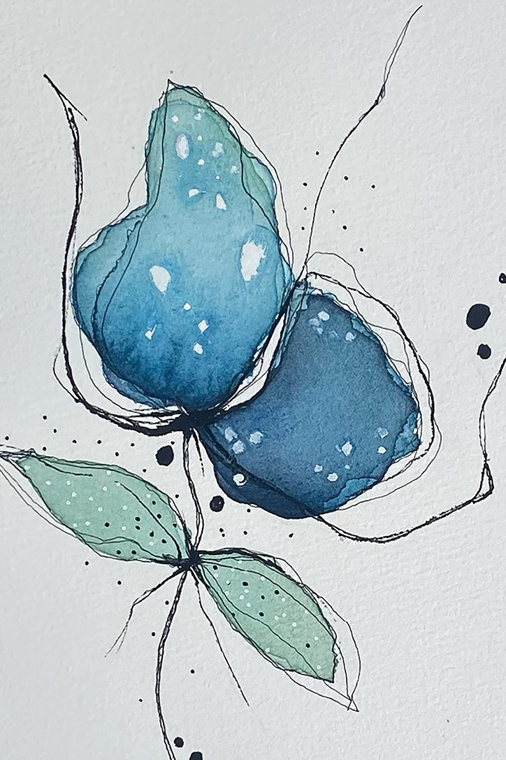 Blue Abstract Flower Original Watercolor Painting