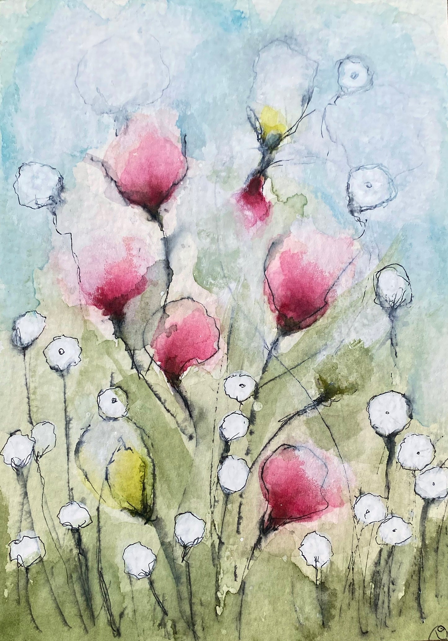 Pink and White Blooms Original Watercolor Painting