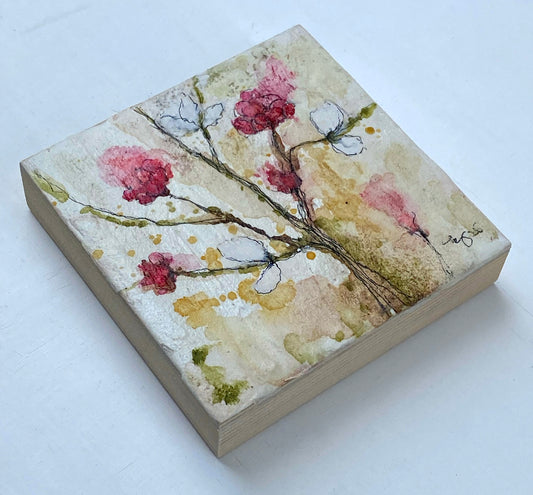 Abstract Cherry Blossom Wood Panel Original Art