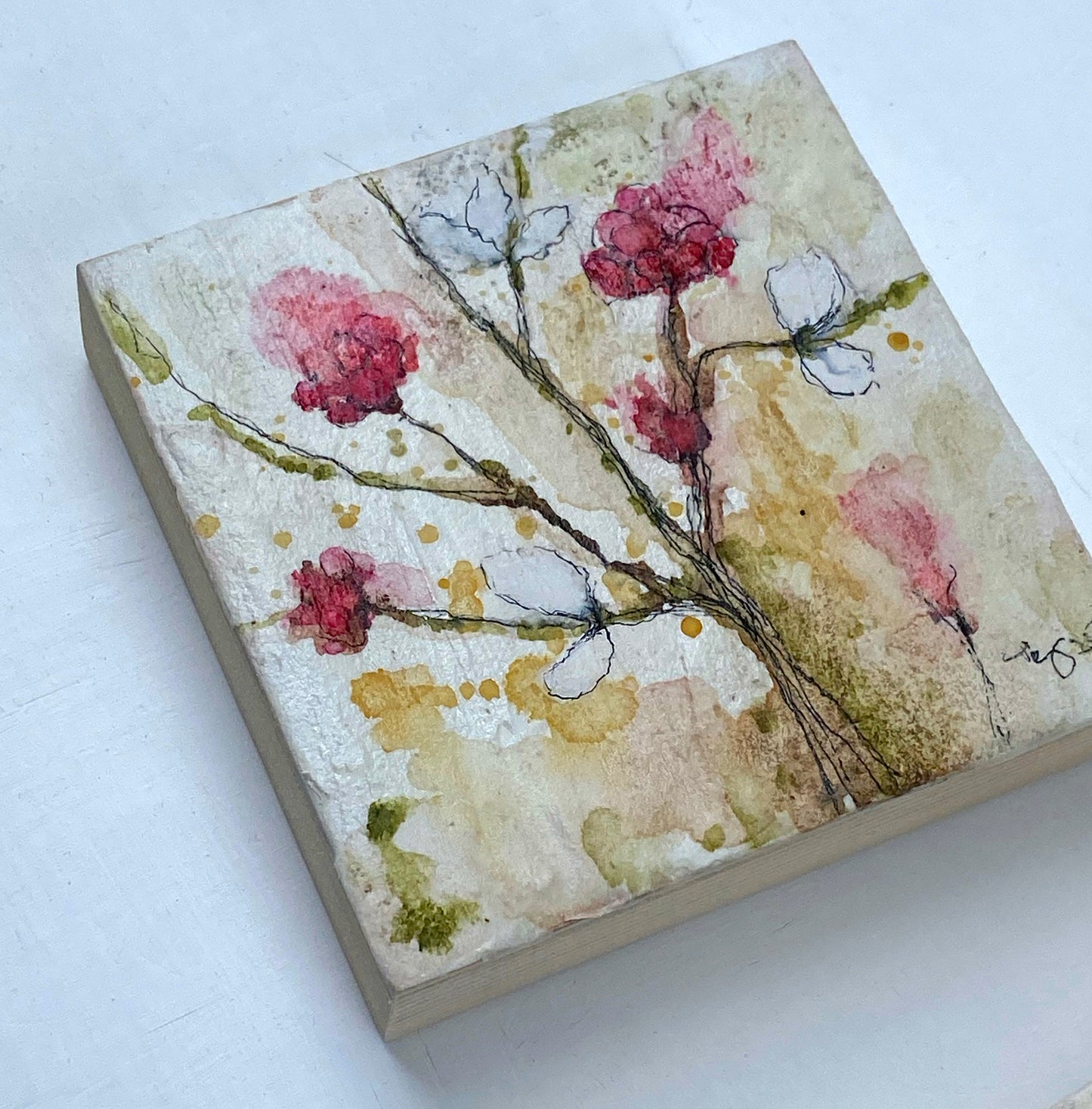 Abstract Cherry Blossom Wood Panel Original Art