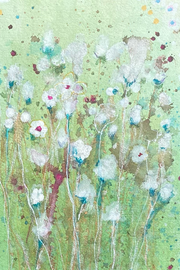 White Flowers in Green Watercolor Original Painting