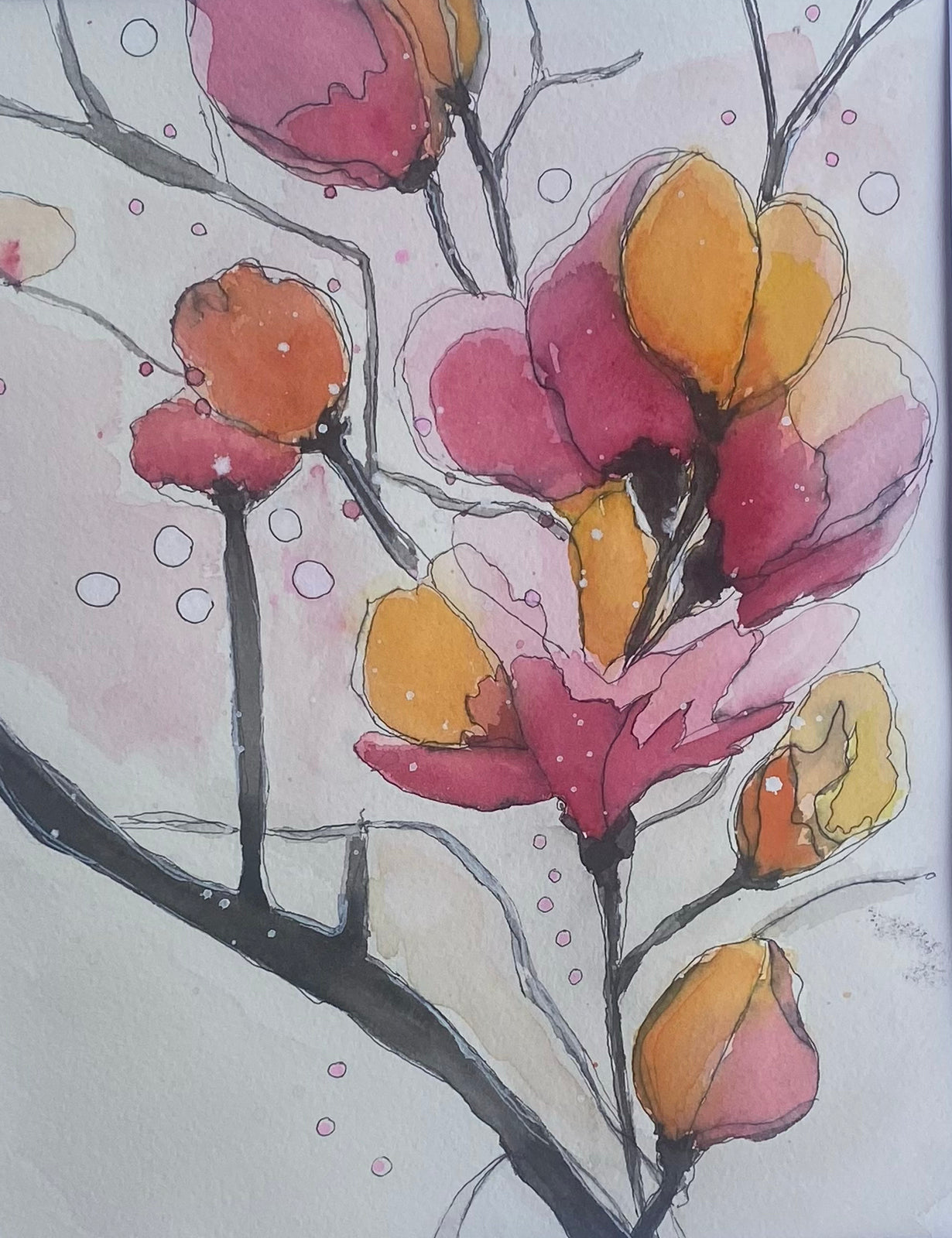 Pink & Orange Abstract Flowers Original Mixed-Media Art