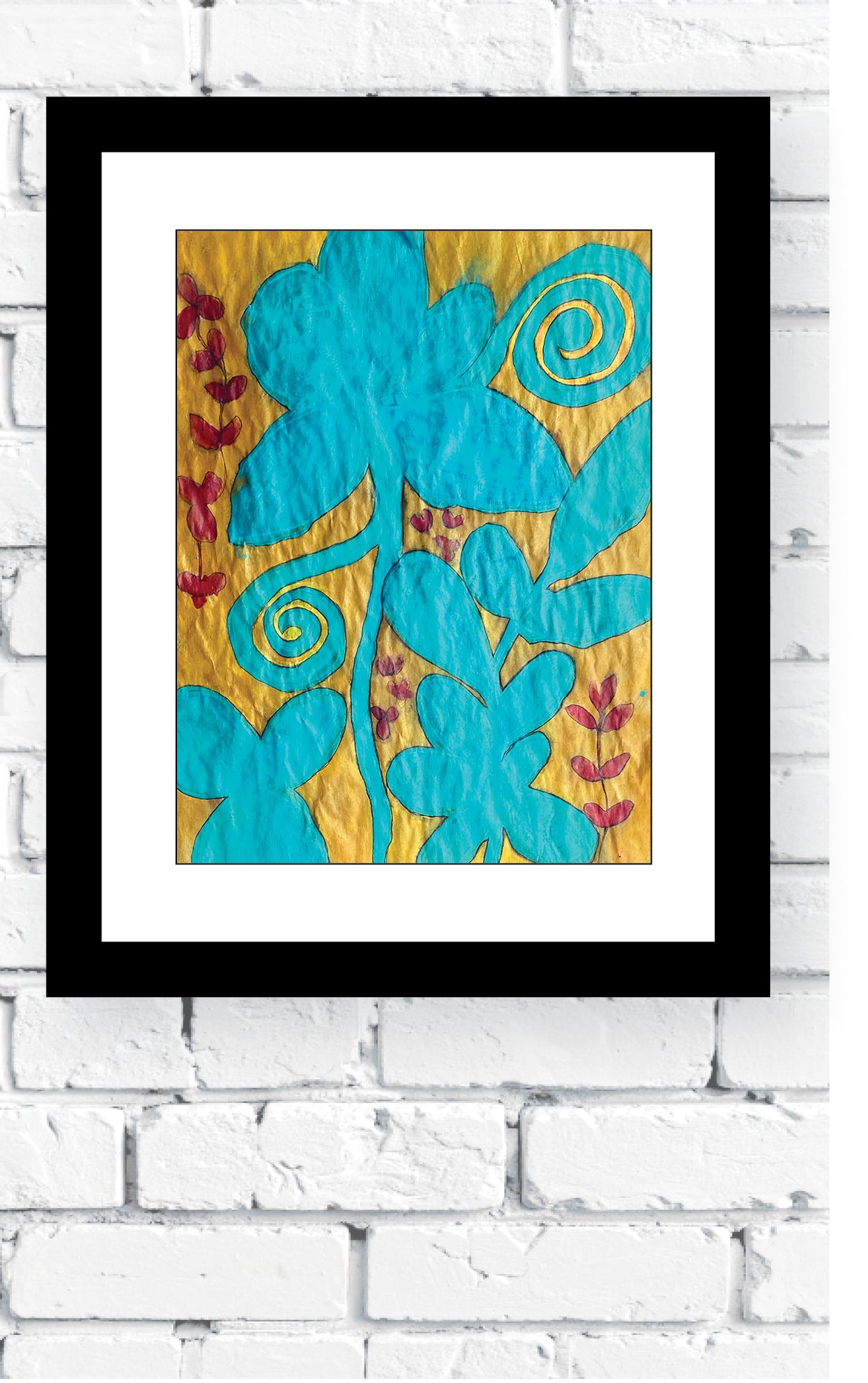 Teal Green Flowers Gouache and Watercolor Original Painting