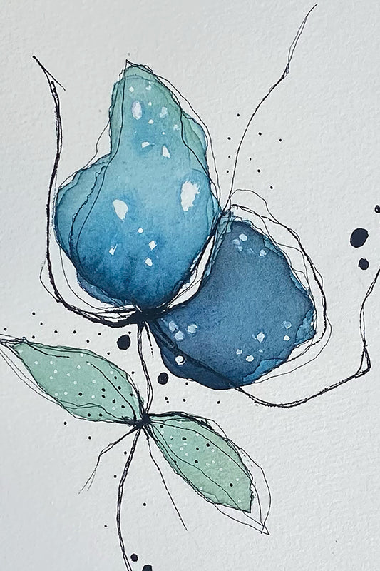 Blue Abstract Flower Original Watercolor Painting