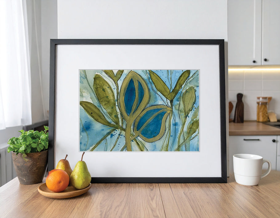 Blue & Green Abstract Foliage Original Watercolor Painting