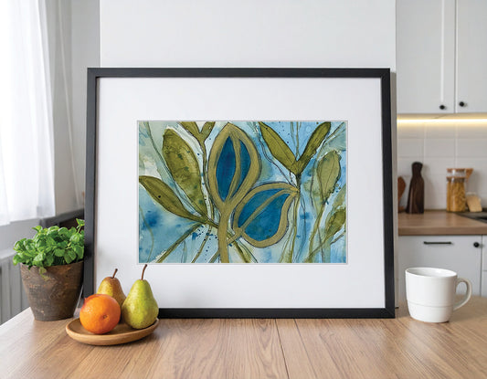 Blue & Green Abstract Foliage Original Watercolor Painting