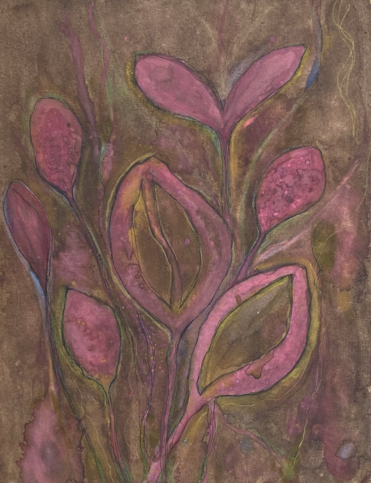 Pink Abstract Flowers Original Mixed-Media Art