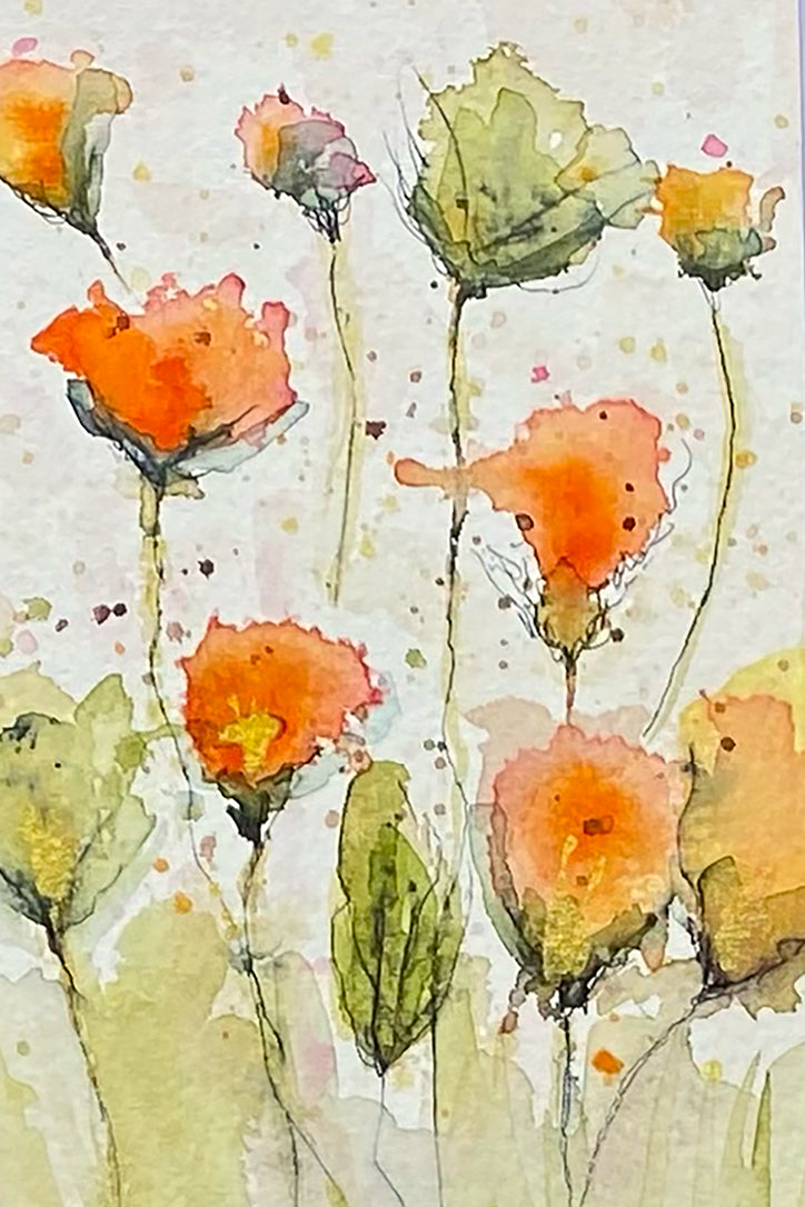 Orange, Green, Yellow Blooms Original Watercolor Painting