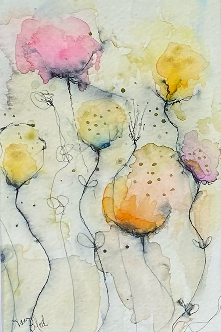 Pink, Yellow, Orange, Lilac Bloomsin  Watercolor Original Painting