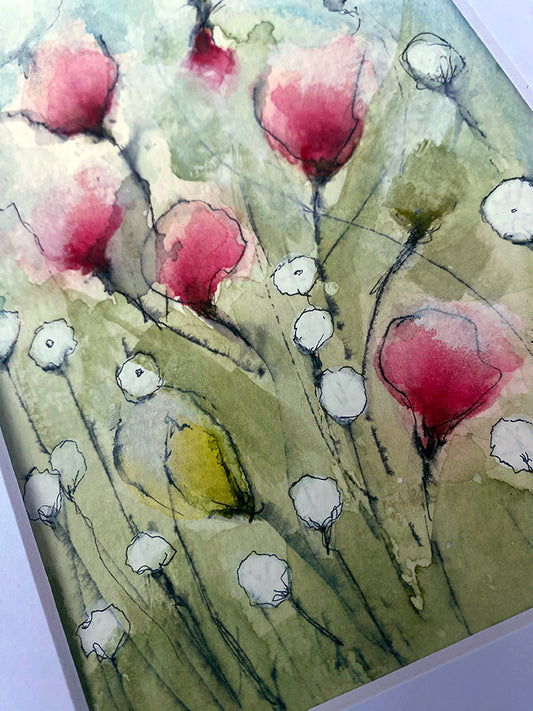 Pink and White Blooms Original Watercolor Painting