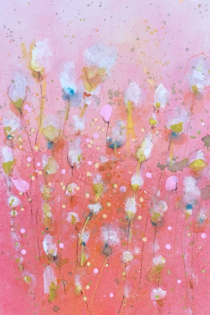 White Flowers in Pink Watercolor Original Painting