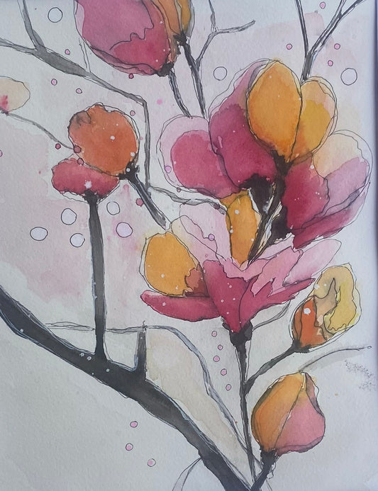 Pink & Orange Abstract Flowers Original Mixed-Media Art