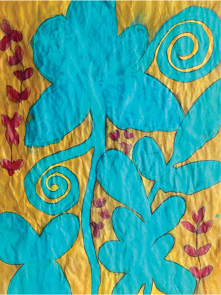 Teal Green Flowers Gouache and Watercolor Original Painting