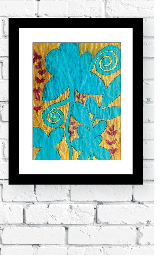 Teal Green Flowers Gouache and Watercolor Original Painting